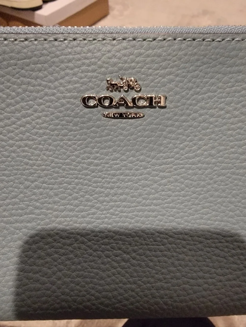 Coach Dusty Blue Pebbled Leather Double Corner Zip Wristlet Card Holder